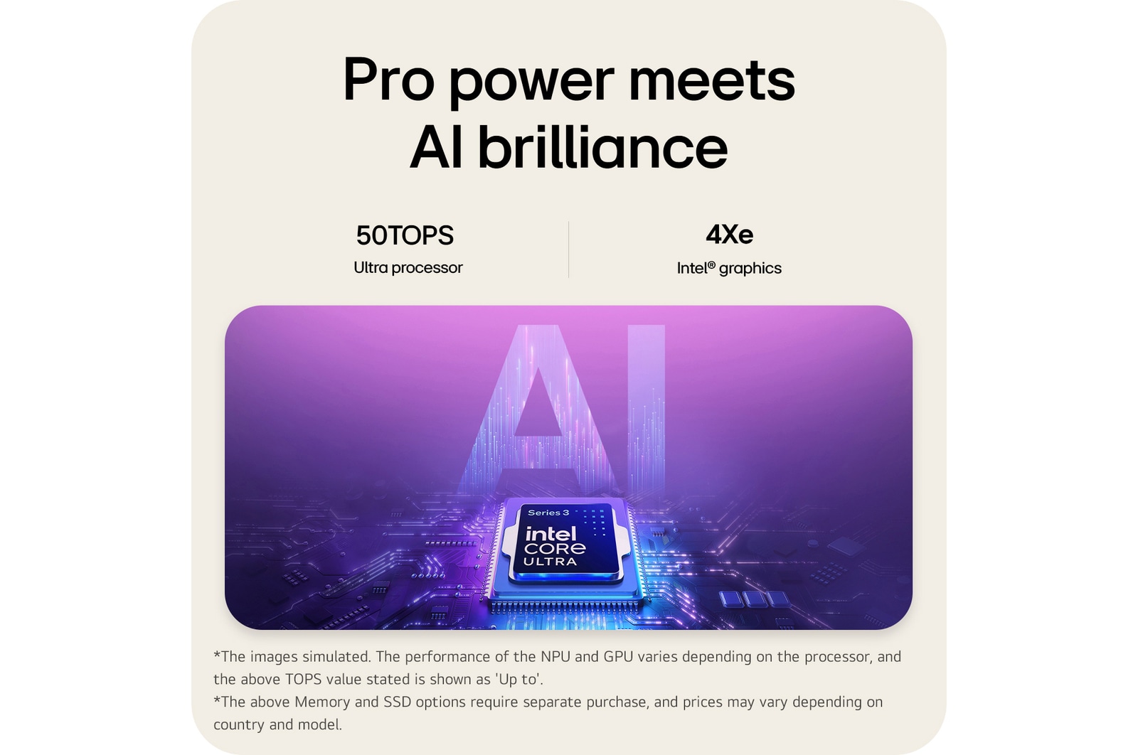 The image features an Intel® Core™ Ultra processor set against a blue-to-purple gradient background, with large semi-transparent “AI” text layered behind the chipset.