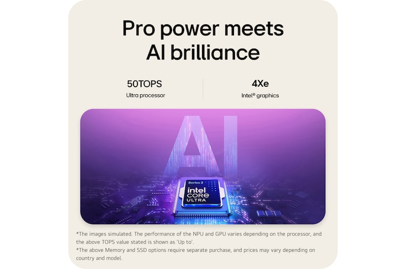 The image features an Intel® Core™ Ultra processor set against a blue-to-purple gradient background, with large semi-transparent “AI” text layered behind the chipset.