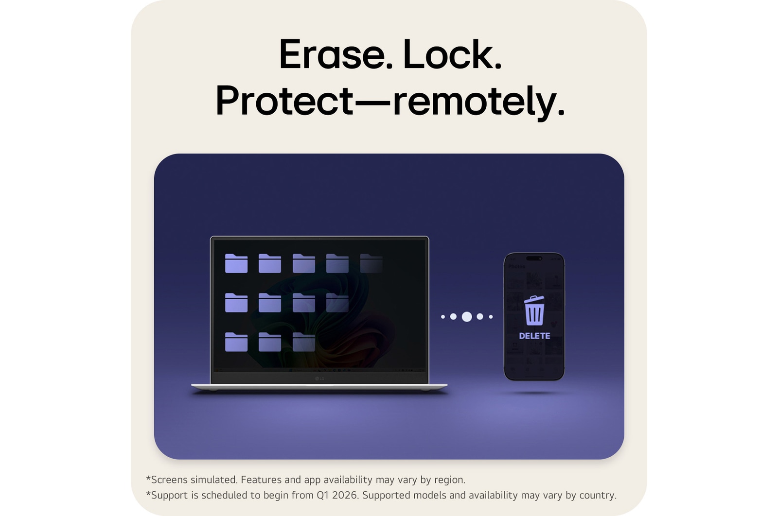 This image shows an LG Gram AI laptop on a dark background, illustrating remote security protection through ThinQ, with the device displayed as securely managed and protected even when accessed or controlled remotely.