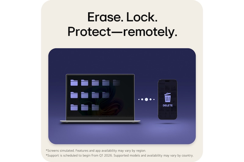 This image shows an LG Gram AI laptop on a dark background, illustrating remote security protection through ThinQ, with the device displayed as securely managed and protected even when accessed or controlled remotely.