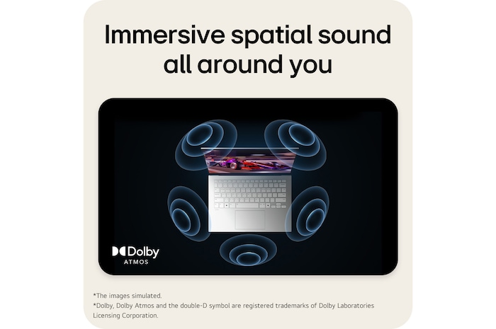 The image shows a top-down view of a laptop with a vibrant, purple-themed graphic on the screen. Surrounding the laptop are dynamic sound wave visuals, indicating an immersive audio experience. The "Dolby Atmos" logo is displayed in the bottom right corner.