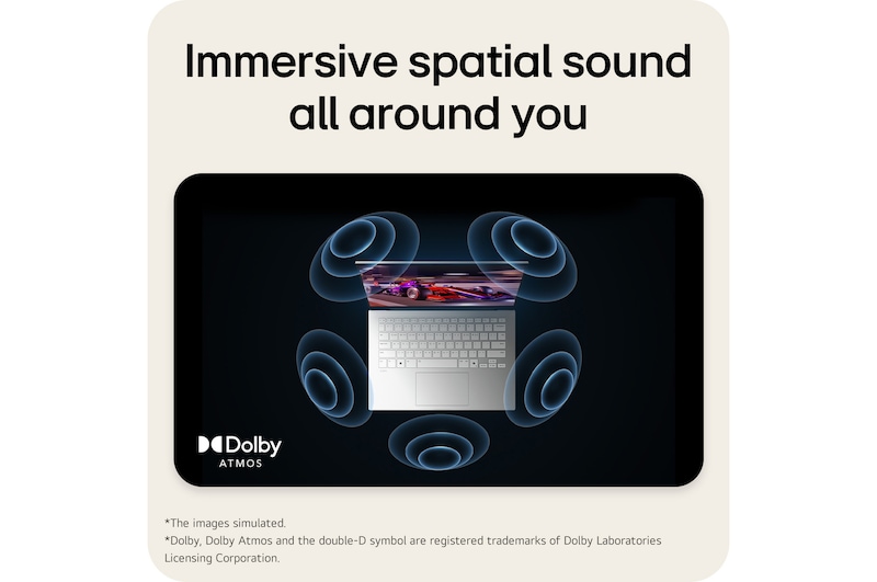 The image shows a top-down view of a laptop with a vibrant, purple-themed graphic on the screen. Surrounding the laptop are dynamic sound wave visuals, indicating an immersive audio experience. The "Dolby Atmos" logo is displayed in the bottom right corner.