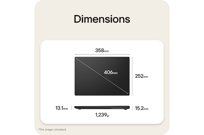 This image shows a dimensions diagram of the LG gram laptop, indicating the top view width and height, a diagonal size, and the side view showing thickness and weight.