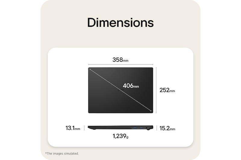 This image shows a dimensions diagram of the LG gram laptop, indicating the top view width and height, a diagonal size, and the side view showing thickness and weight.