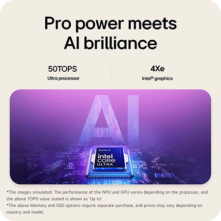The image features an Intel® Core™ Ultra processor set against a blue-to-purple gradient background, with large semi-transparent “AI” text layered behind the chipset.
