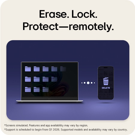 This image shows an LG Gram AI laptop on a dark background, illustrating remote security protection through ThinQ, with the device displayed as securely managed and protected even when accessed or controlled remotely.