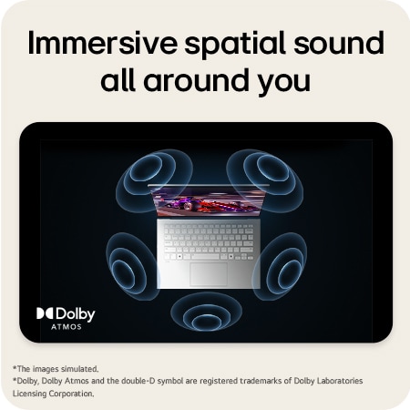 The image shows a top-down view of a laptop with a vibrant, purple-themed graphic on the screen. Surrounding the laptop are dynamic sound wave visuals, indicating an immersive audio experience. The "Dolby Atmos" logo is displayed in the bottom right corner.