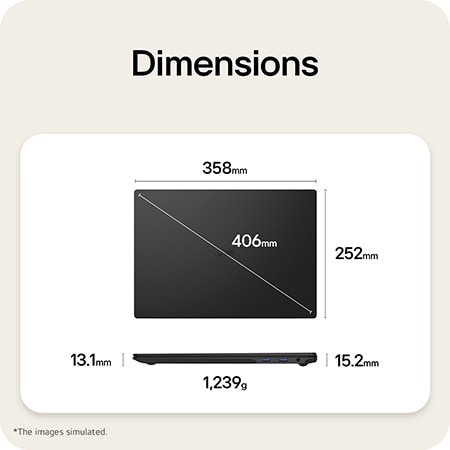 This image shows a dimensions diagram of the LG gram laptop, indicating the top view width and height, a diagonal size, and the side view showing thickness and weight.