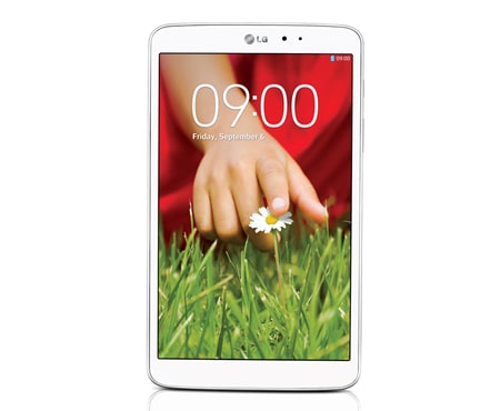 Front view of LG G PAD 8.3 tablet features a beautiful 8.3&#34; Full HD display and a powerful quad-core processor, which allows you to multi-task efficiently with a suite of intuitive features. V500 WHITE
