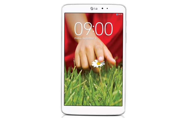 Front view of LG G PAD 8.3 tablet features a beautiful 8.3&#34; Full HD display and a powerful quad-core processor, which allows you to multi-task efficiently with a suite of intuitive features. V500 WHITE