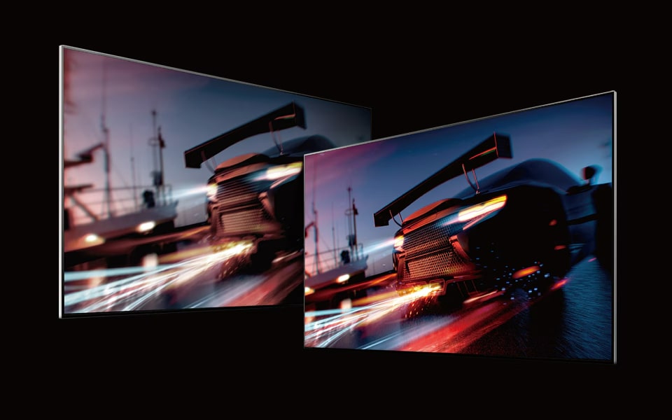 Two LG monitors showcasing the speed and clarity of gameplay, emphasising the benefits of a high refresh rate and low response time for racing games.