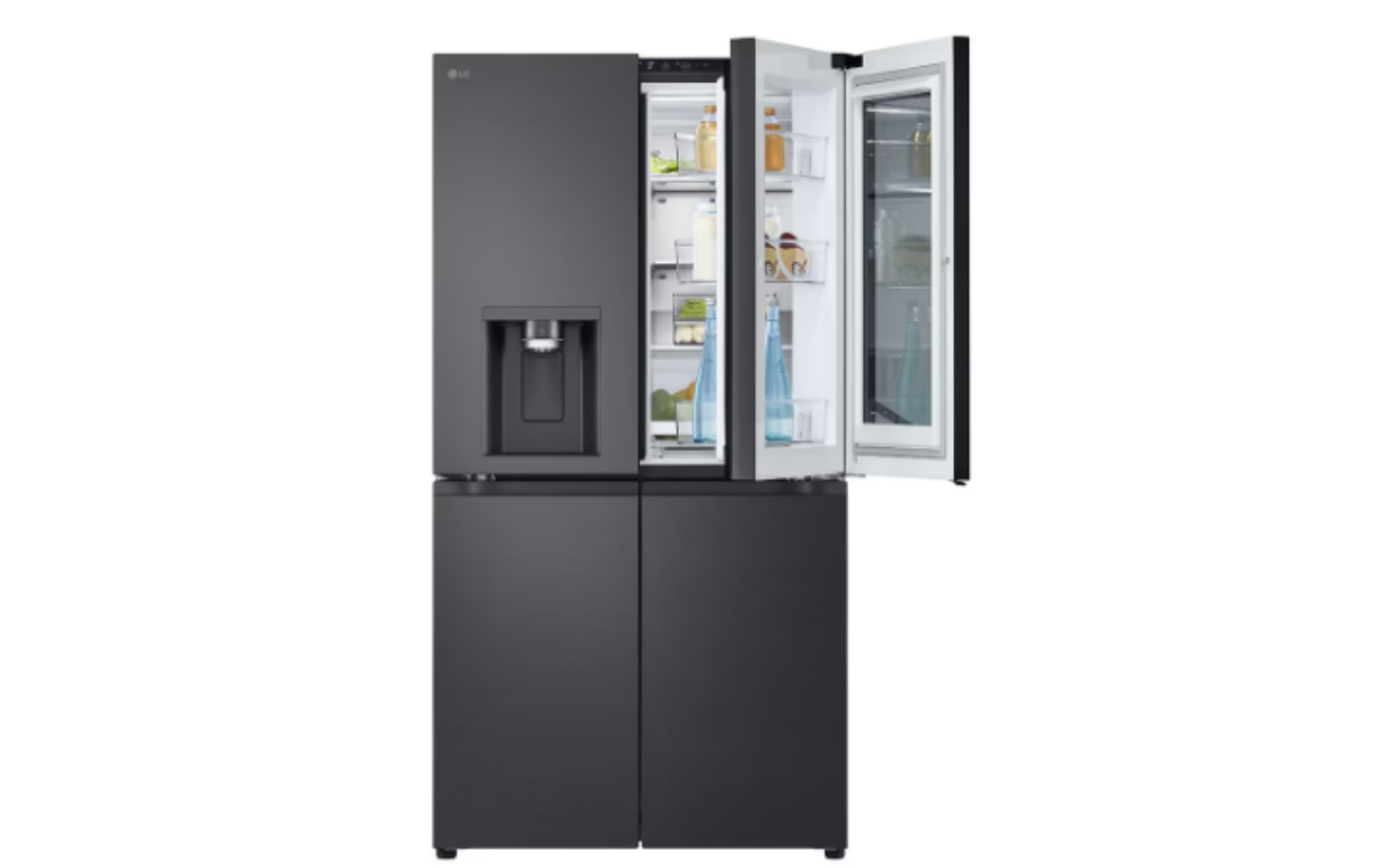 An LG refrigerator with the right door open, revealing the "door-in-door" feature. The compartment is stocked with drinks, condiments, and dairy products for easy access. The refrigerator also includes a built-in water and ice dispenser on the left side, showcasing its sleek, modern design. 