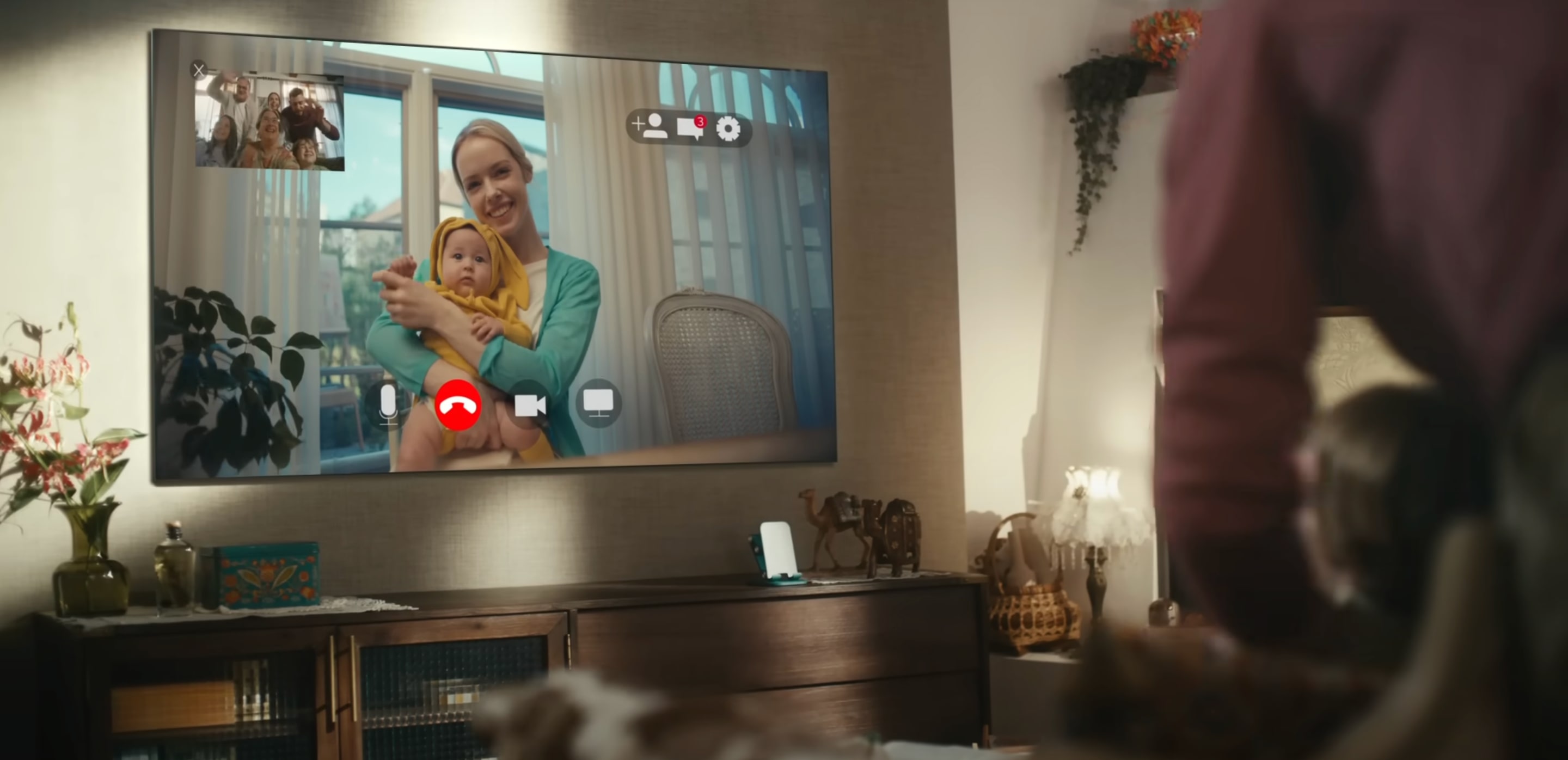 Smart living room setup with video call taking place. 