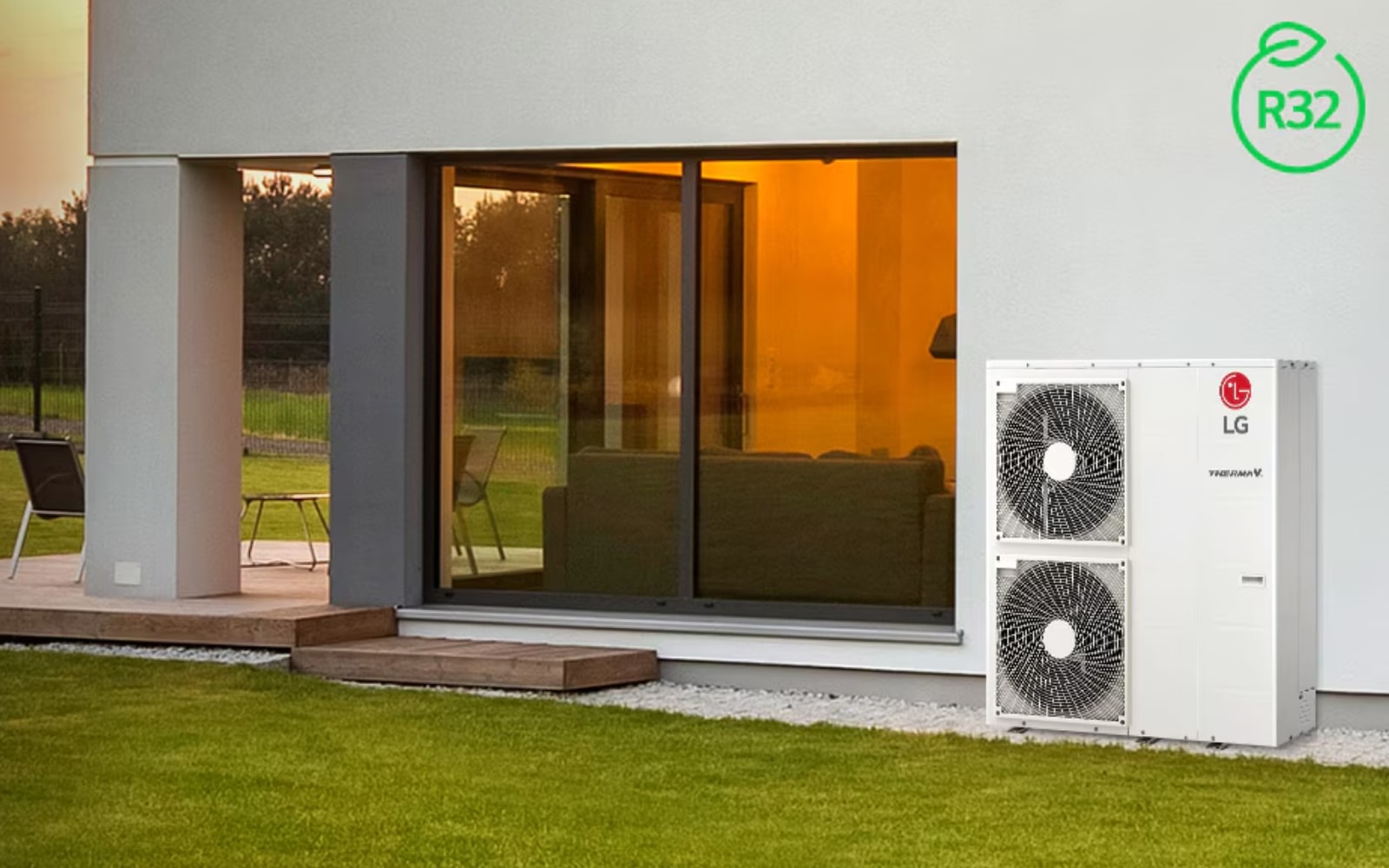 An LG Heat Pump installed outside a modern home, illustrating  a heating and cooling solution in a residential setting