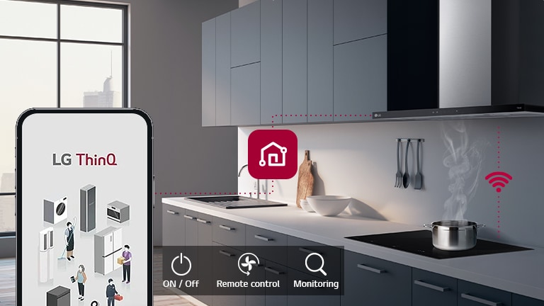 An image of the hood and a smartphone connected through ThinQ. There is an icon that expresses the functions of ThinQ, On/off, Remote control, monitoring.