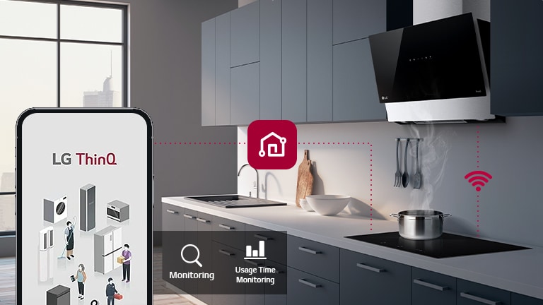 An image of an induction hob and a smartphone connected through ThinQ.