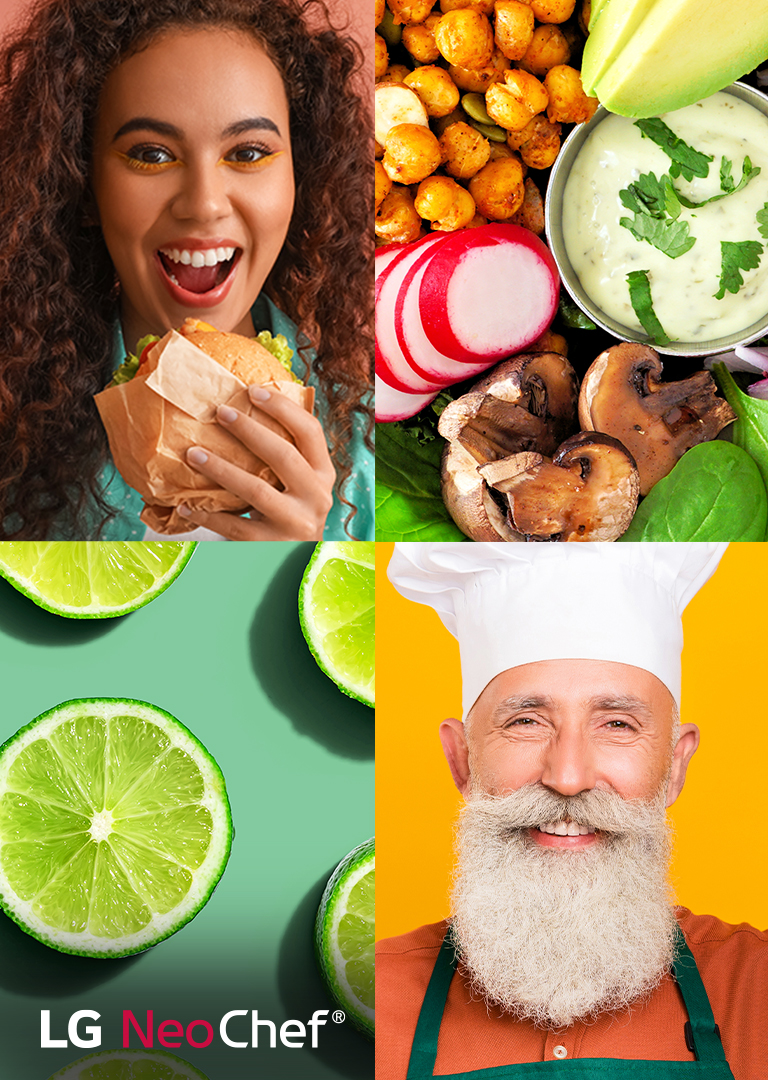 Collage with a woman eating a burger, a bowl of salad, lime slices on a green background, and a chef in uniform.
