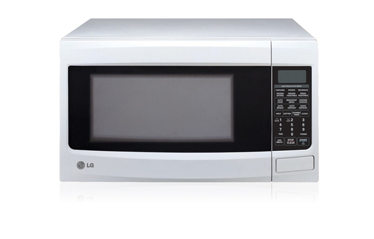 Front view of 34L White Round Cavity Microwave with 10 different power levels and Auto Cook Menus MS3446VRW