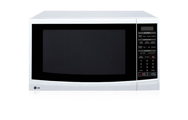 Front view of 46L White Microwave with 10 different power levels and Auto Cook MS4646SS