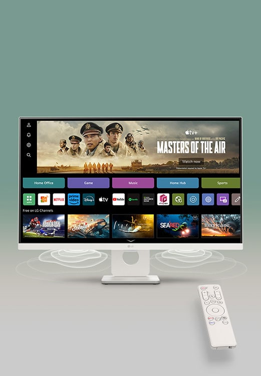 On the smart monitor screen, the webOS interface is displayed. Speaker waves emanate from the bottom corners of the monitor, and on the right side of the screen, there is a remote control.