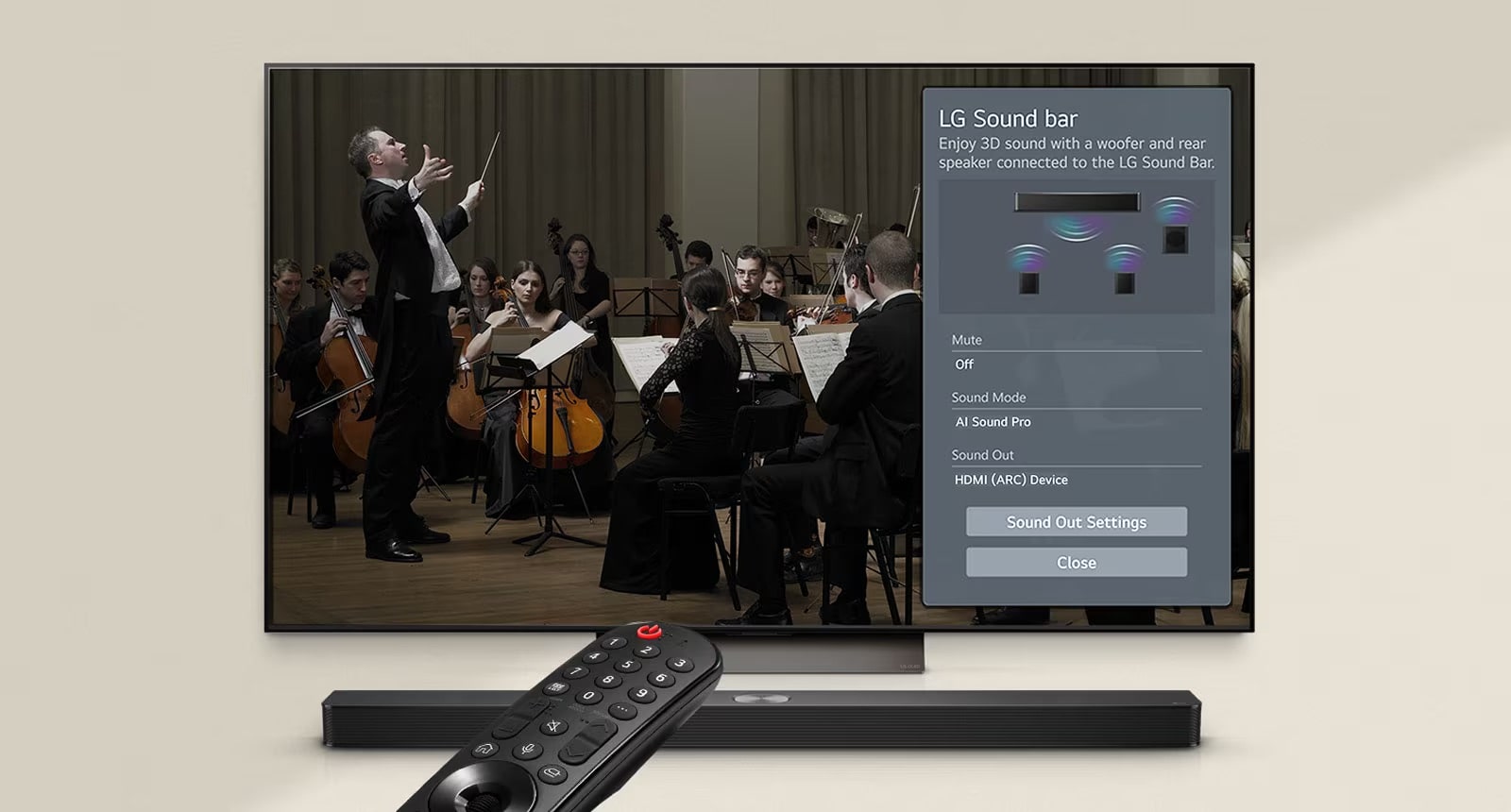 "An image of an LG TV and LG Soundbar in a living room playing a musical performance. White droplets make waves of sound that shoot upwards and forward from the soundbar and project from the TV, depicting the unique tonal palettes of the TV speakers and soundbar coming together. 	"	