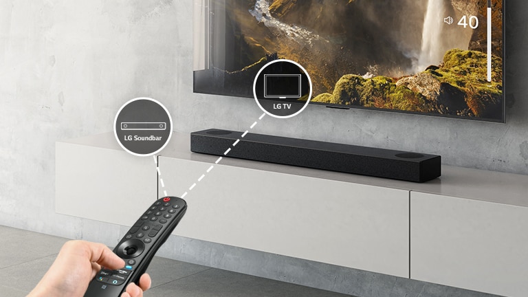 There is a LG remote control in someone's hand, controlling TV and sound bar at the same time. There are icons of LG TV and LG Sound bar.