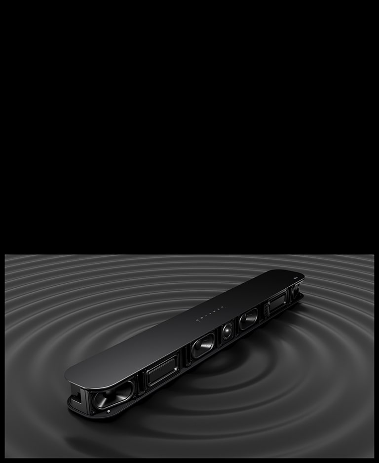 Image of 4 passive radiators placed inside of sound bar. Underneath the sound bar circled black waves are shown for illustraing its powerful bass sound.