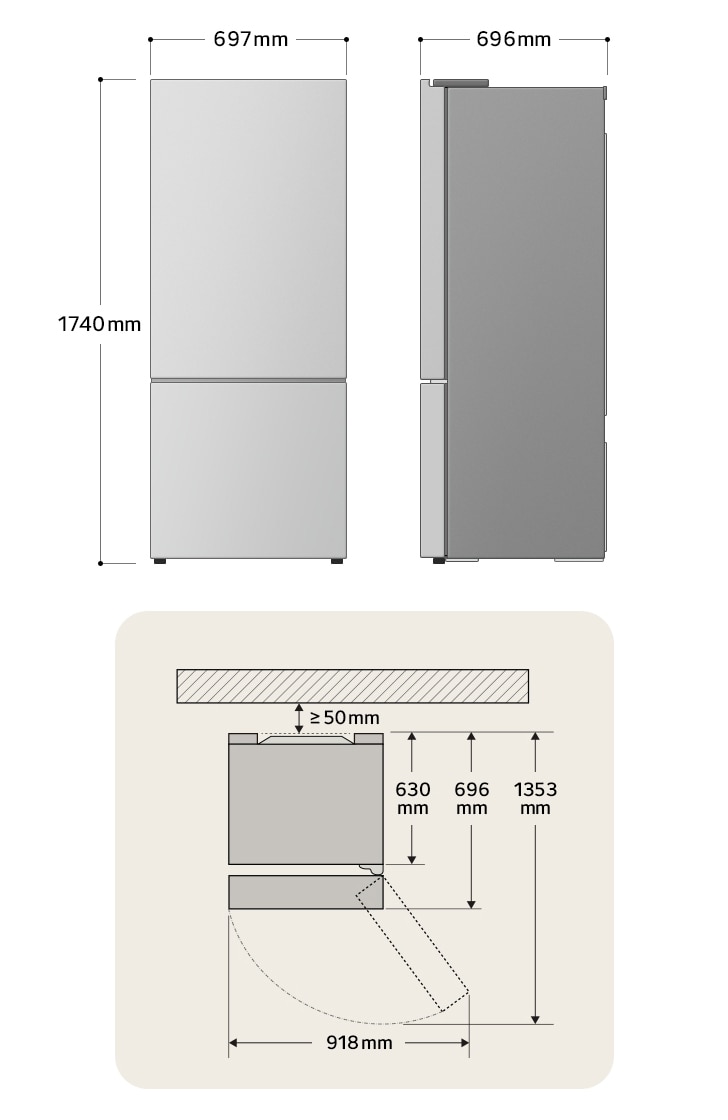 Front and side view dimensions of the Lg bottom freezer (GB-B400PS): 1740mm height, 697mm width, 696mm depth