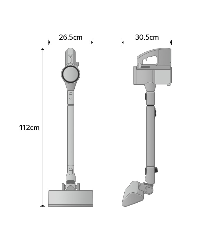 Front and side view dimensions of the LG A9L-titan vacuum: 112cm height, 26.5cm width, 30.5cm depth.