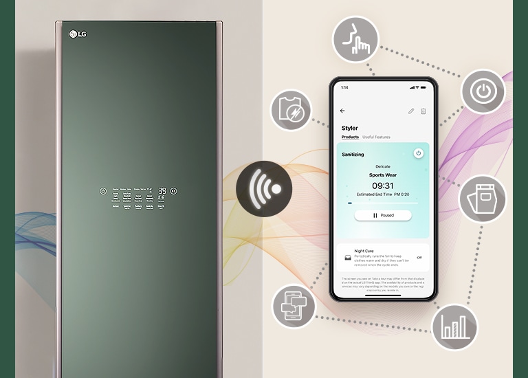 This image shows a mobile phone with a Styler and a ThinQ screen. 