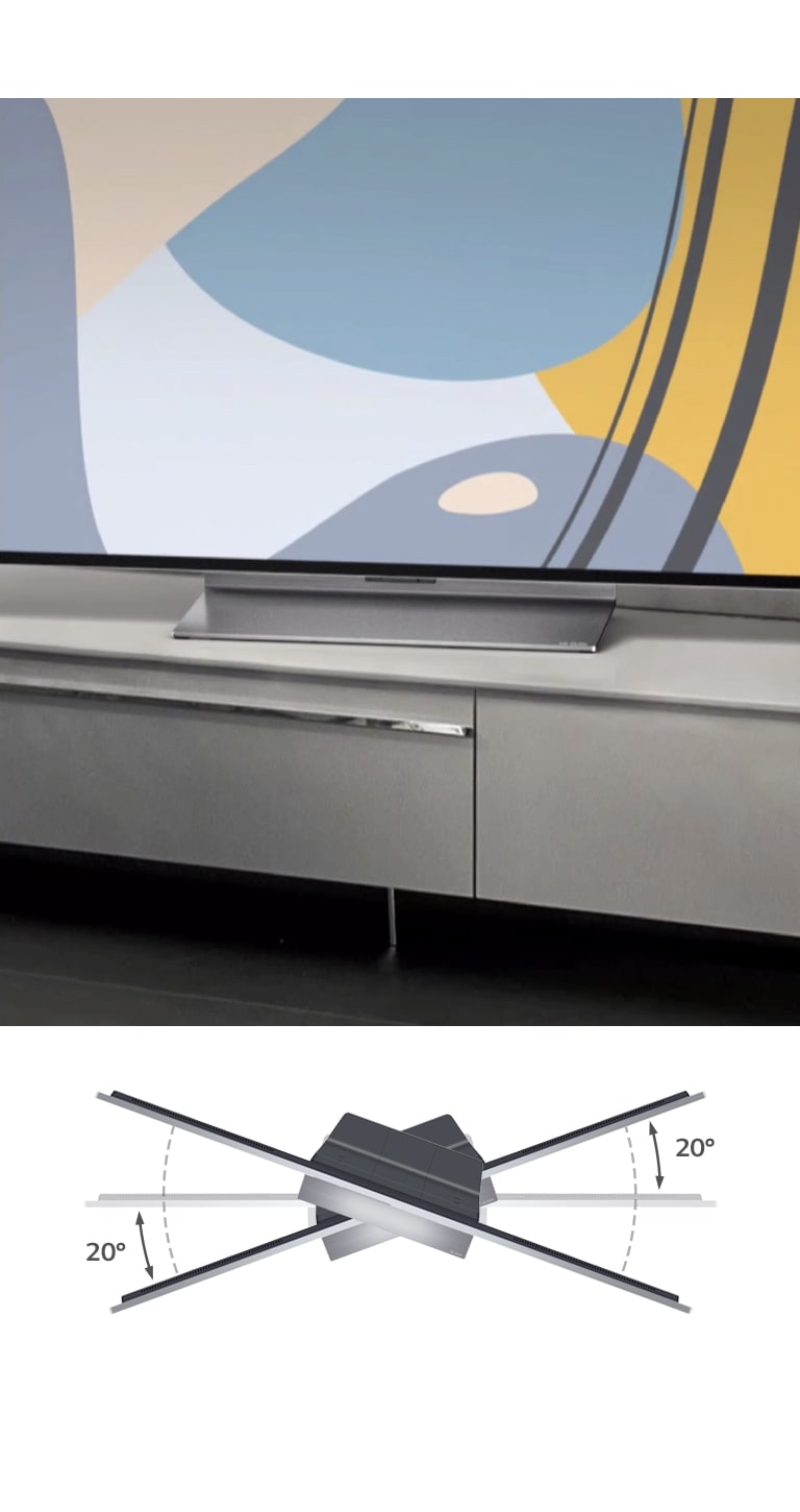 Swivel Stand with mounted LG TV on a short TV stand. A diagram underneath shows the angles you can rotate your TV with the stand’s 20-degree swivel.