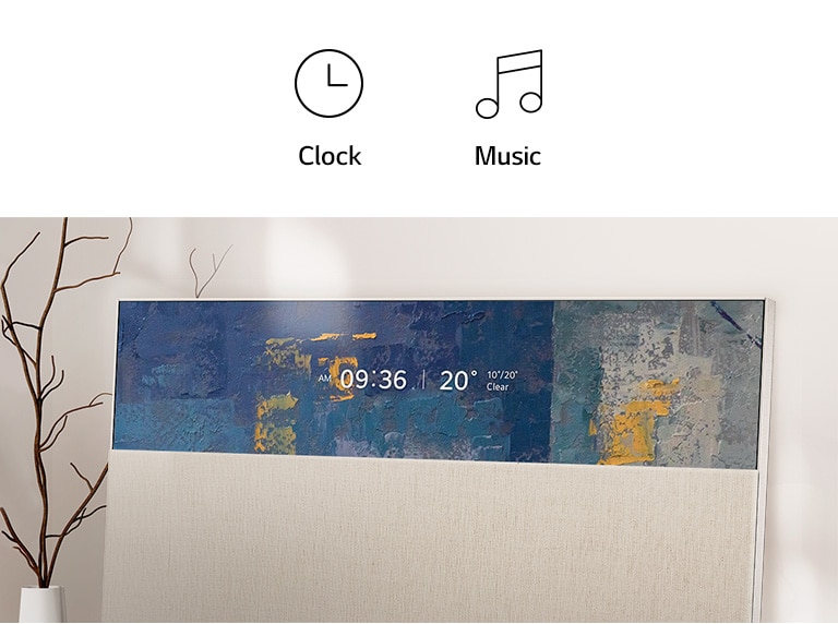 Close-up of EASEL leaning against the wall as Line View displays the time and weather with a textured oil painting theme on-screen. Line View displaying the time and weather with a pink architectural theme. Line View displaying the time and weather with a black and white paint strokes theme. Line View displaying the time and weather with a sky theme. Line View displaying the time and weather with a khaki green 3D object theme. Line View displaying the music player with a line pattern theme. Line View displaying the time and weather with a colourful painting theme.