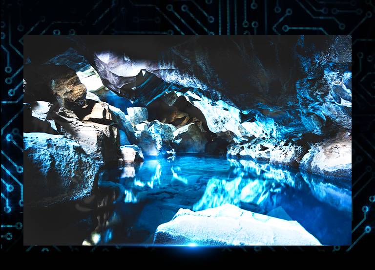 There is a image of inside of blue dark cave and there is a processor chip image on right bottom corner. There is a same visual of blue dark cave right below but a more pale version.