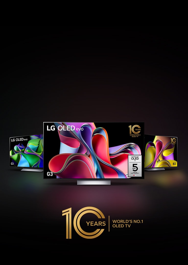 An image of LG OLED G3 against a black backdrop showing a bright pink and purple abstract artwork. The display casts a colorful shadow that features the word "evo." The "10 Years World's No.1 OLED TV" emblem is in the top left corner of the image. 