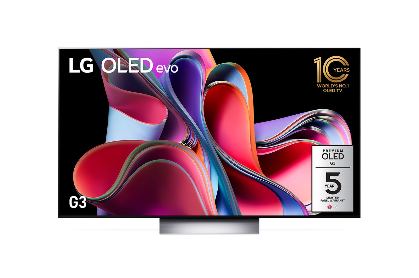 Front view with LG OLED evo, 10 Years World No.1 OLED Emblem, and 5-Year Panel Warranty logo on screen