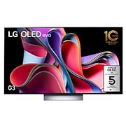 Front view with LG OLED evo, 10 Years World No.1 OLED Emblem, and 5-Year Panel Warranty logo on screen