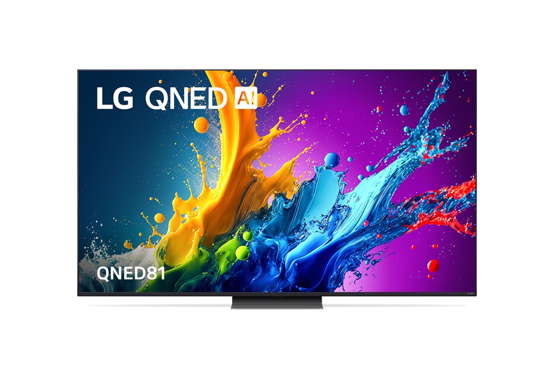 Front view of LG QNED TV, QNED81 with text of LG QNED and 2024 on screen