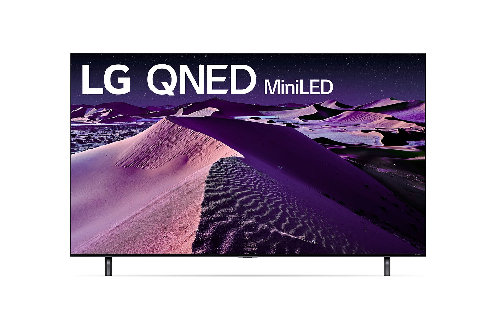 A front view of the LG QNED TV with infill image and product logo on