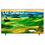 A front view of the LG QNED TV with infill image and product logo on