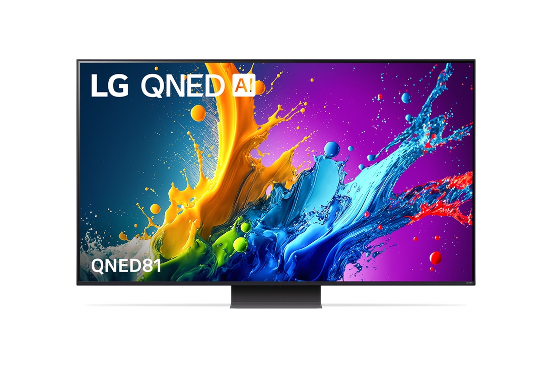 Front view of LG QNED TV, QNED81 with text of LG QNED and 2024 on screen