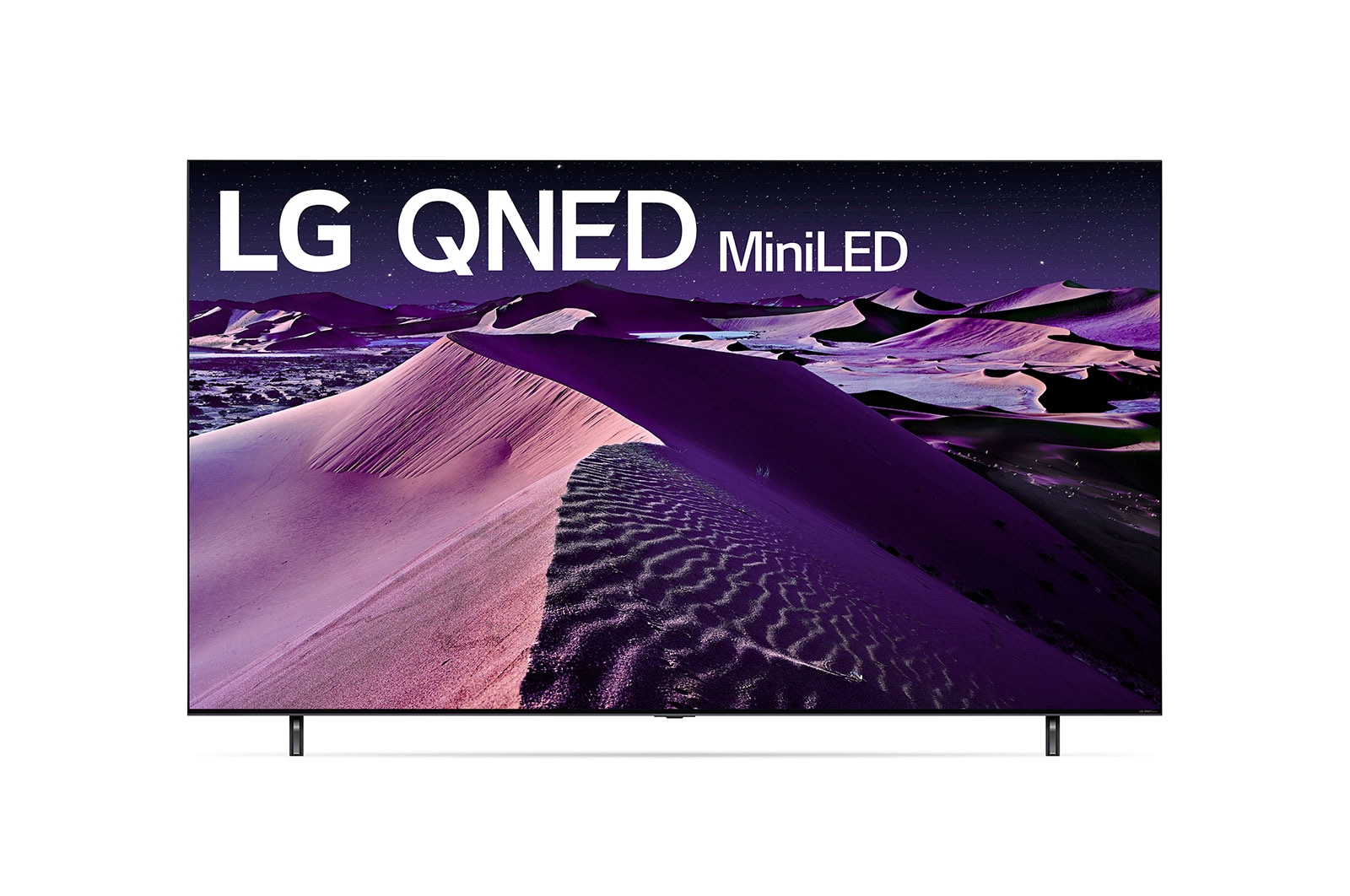 A front view of the LG QNED TV with infill image and product logo on