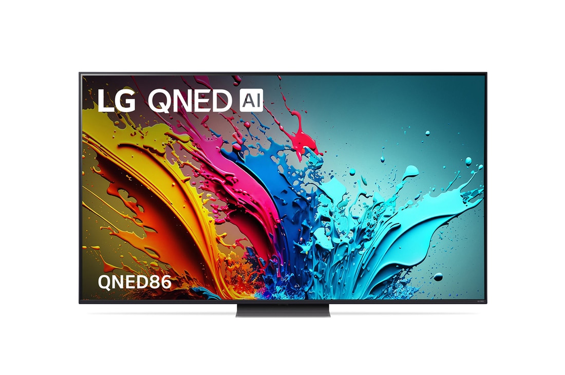 Front view of QNE86 with LG QNED, and 2024 on screen
