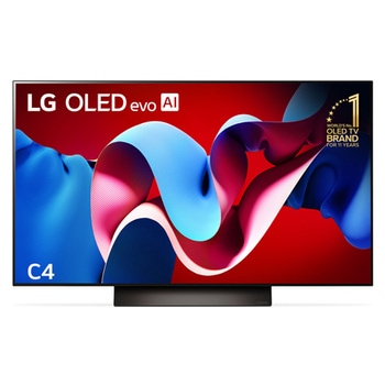 Front view with LG OLED evo C4 TV OLED48C4PSA, 11 Years of world number 1 OLED Emblem on screen.