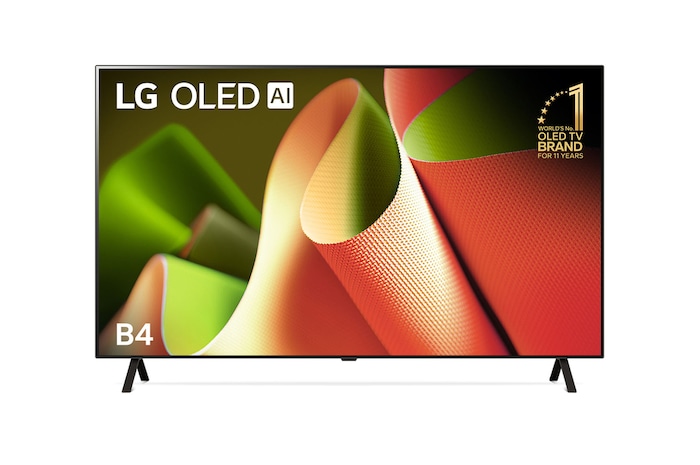 Front view with LG OLED B4 TV OLED55BPSA, 11 Years of world number 1 OLED Emblem.
