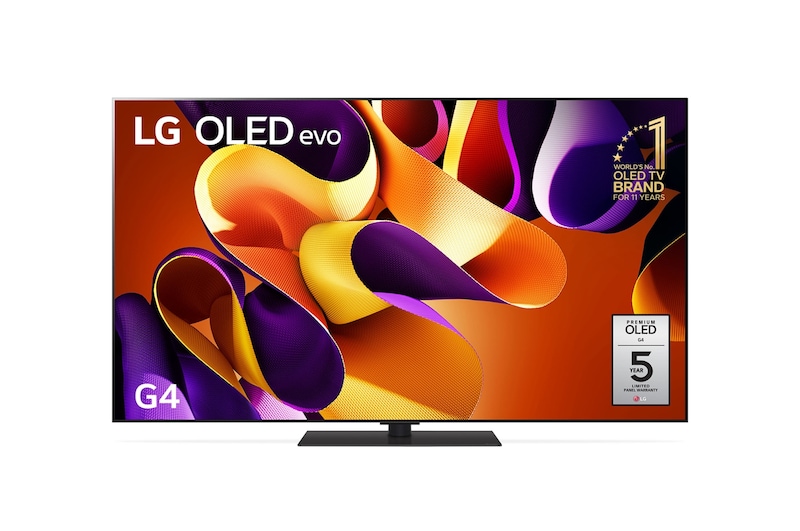 Front view with LG OLED evo G4 TV OLED55G4PSA, 11 Years of world number 1 OLED Emblem on screen.