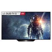 Front view of LG OLED 55” TV w Design on stand, Alpha 7 Gen2 processor &amp; Google Assistant™ OLED55B9PTA