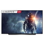 Front view of LG OLED 65” TV w Design on stand, Alpha 9 Gen2 processor &amp; Google Assistant™ OLED65C9PTA