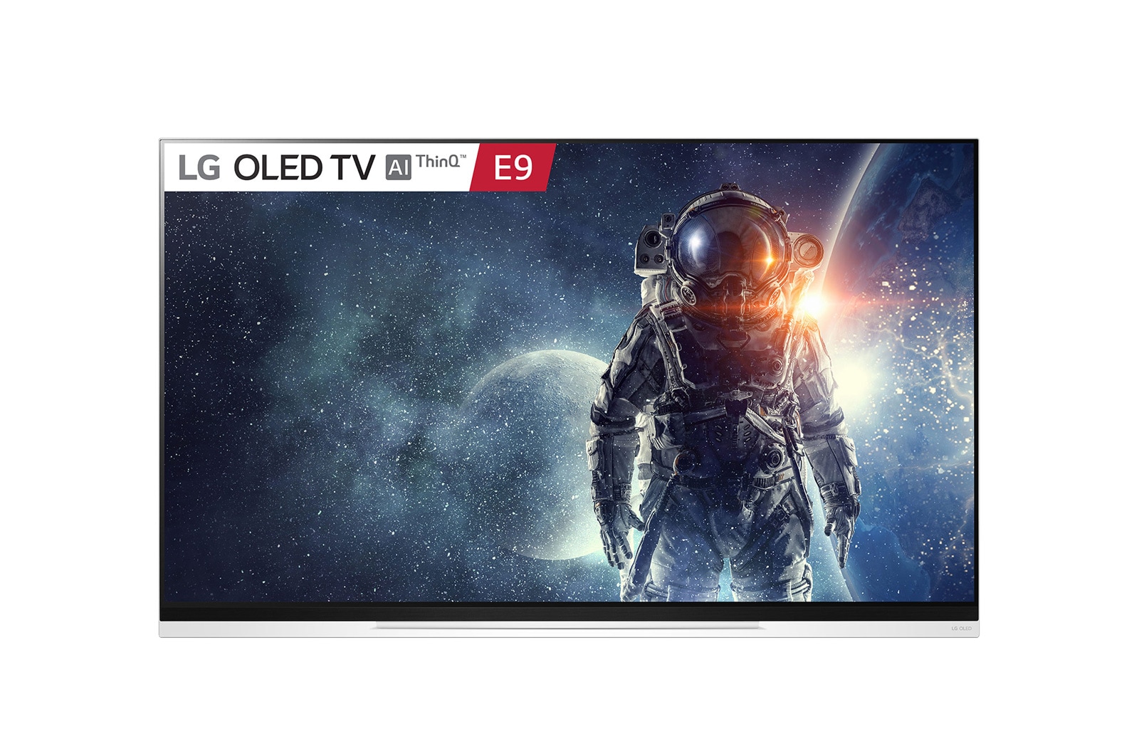 Front view of LG OLED 65” TV w Picture on glass, Alpha 9 Gen2 processor &amp; Google Assistant™ OLED65E9PTA