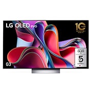 Front view with LG OLED evo, 10 Years World No.1 OLED Emblem, and 5-Year Panel Warranty logo on screen