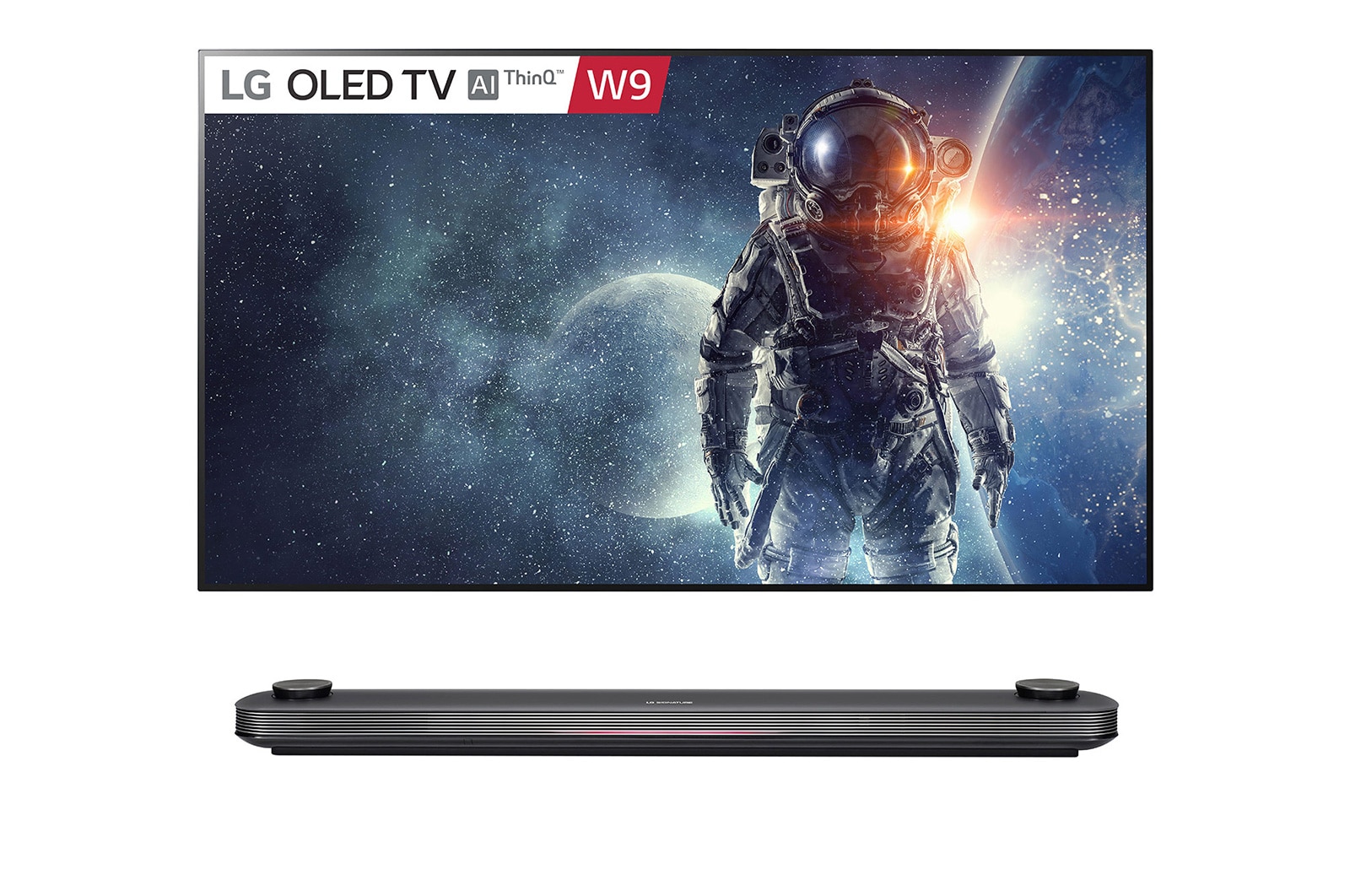 Front view of LG OLED 65” TV w Design on wall, Alpha 9 Gen2 processor &amp; Google Assistant™ OLED65W9PTA